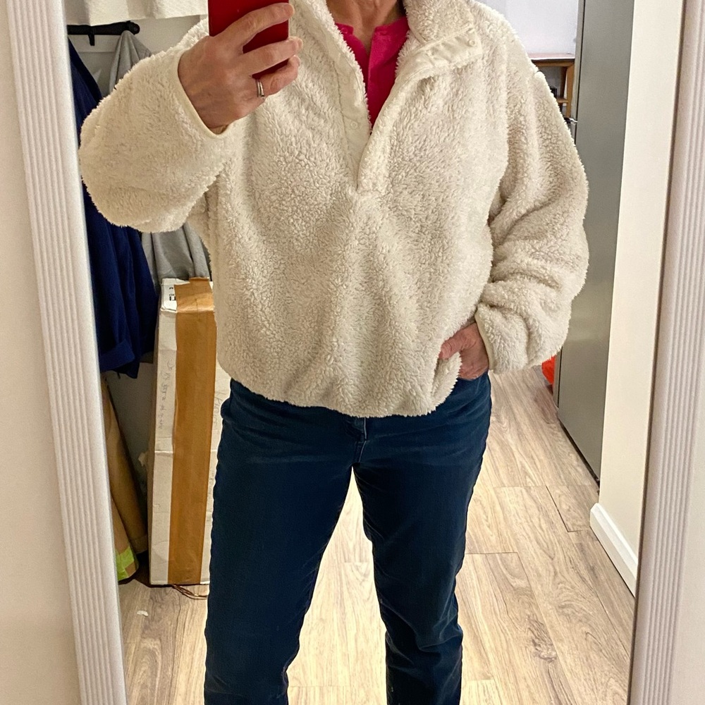 H&M Cream Teddy Fleece-like V-neck Snap Pullover